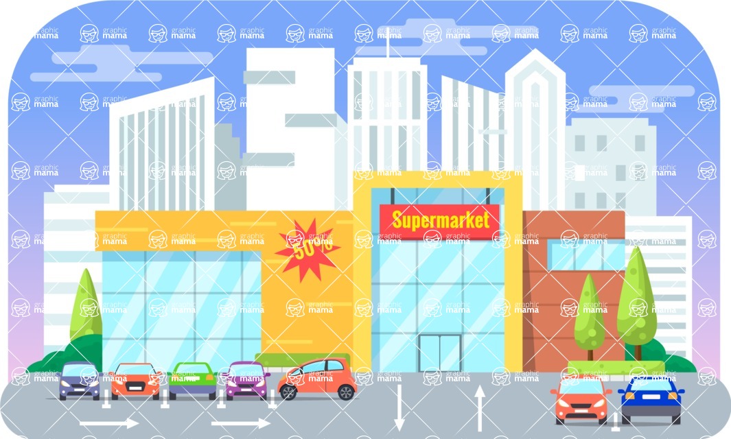 Vector Landscape Mega Bundle - Colorful Supermarket with a Parking Vector Background Illustration